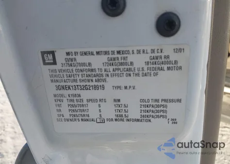 2002 Chevrolet Avalanche 1500 z USA, uszkodzony, nr VIN 3GNEK13T32G218919